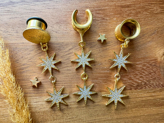 24k Plated Double CZ Stars Plug Earrings