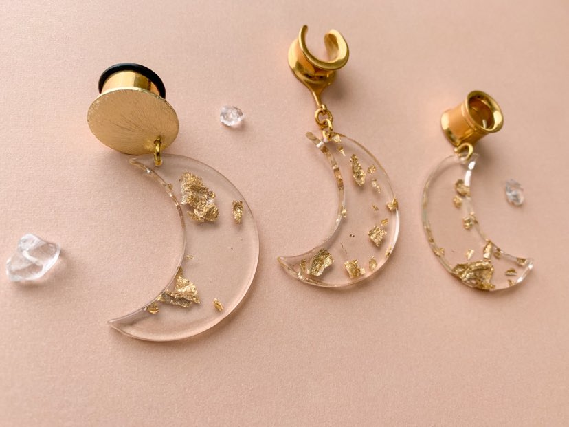 Acrylic Moon Earrings With Glistening Gold Flake