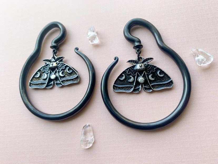 Black Steel Moth Hangers Plug Earrings