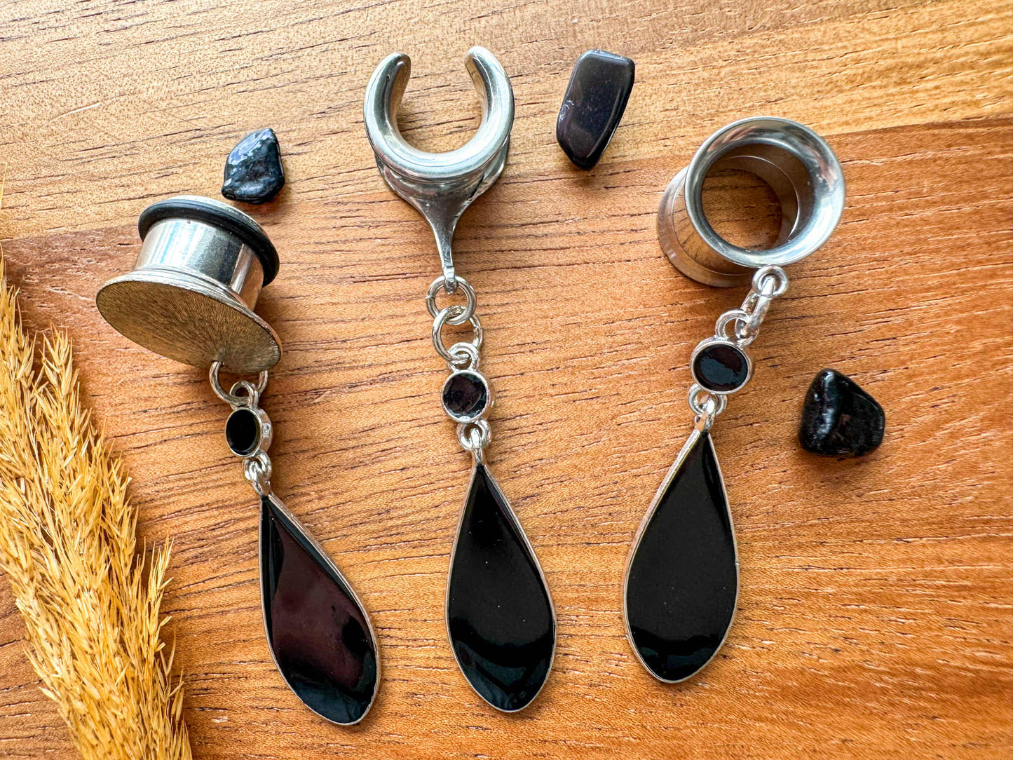 Black Enamel Drops Plug Earrings