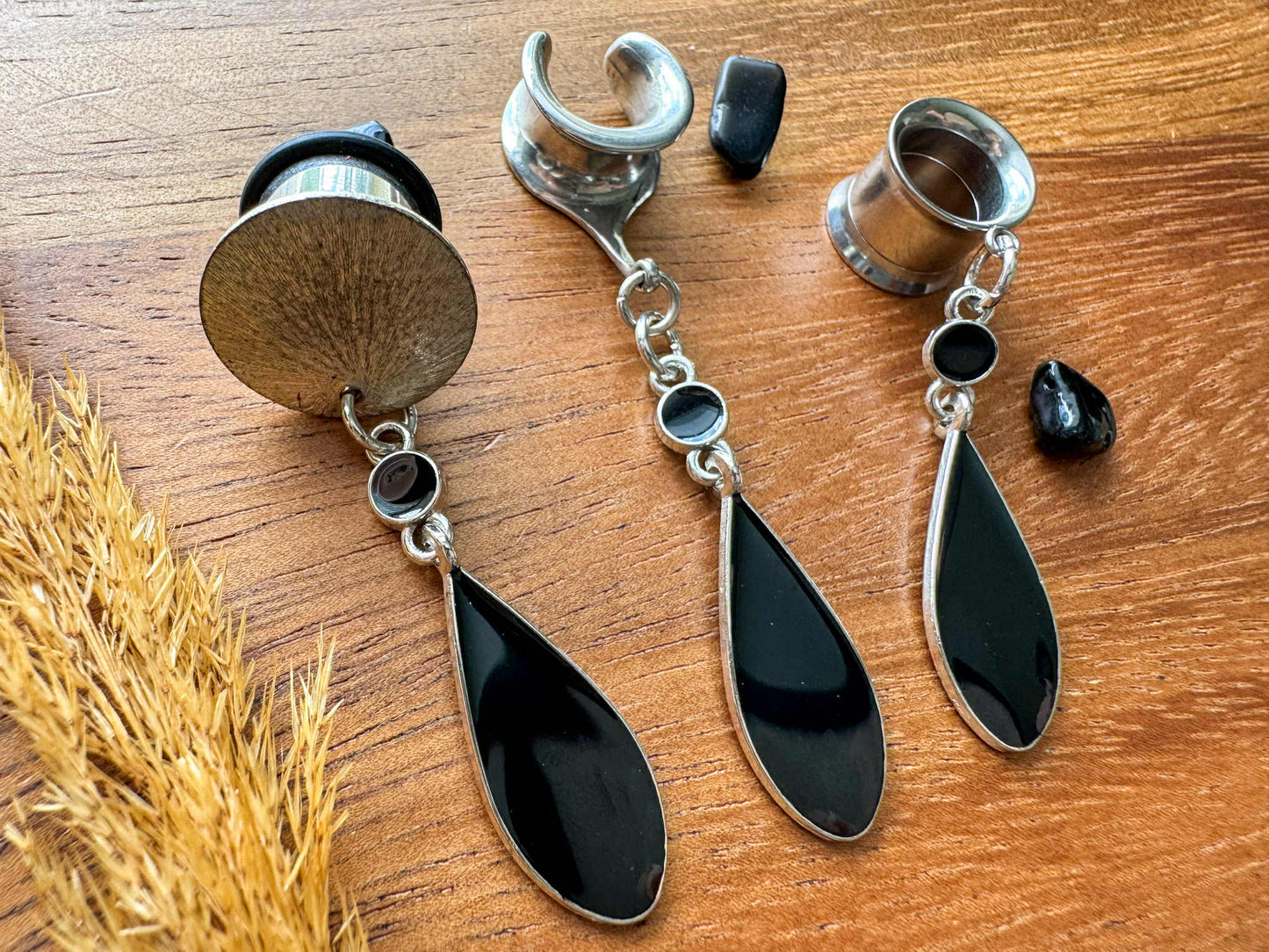 Black Enamel Drops Plug Earrings