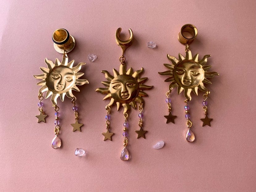 Brass Sun Earrings with Star & Gem Pendants