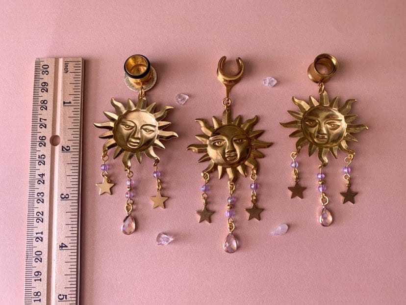 Brass Sun Earrings with Star & Gem Pendants