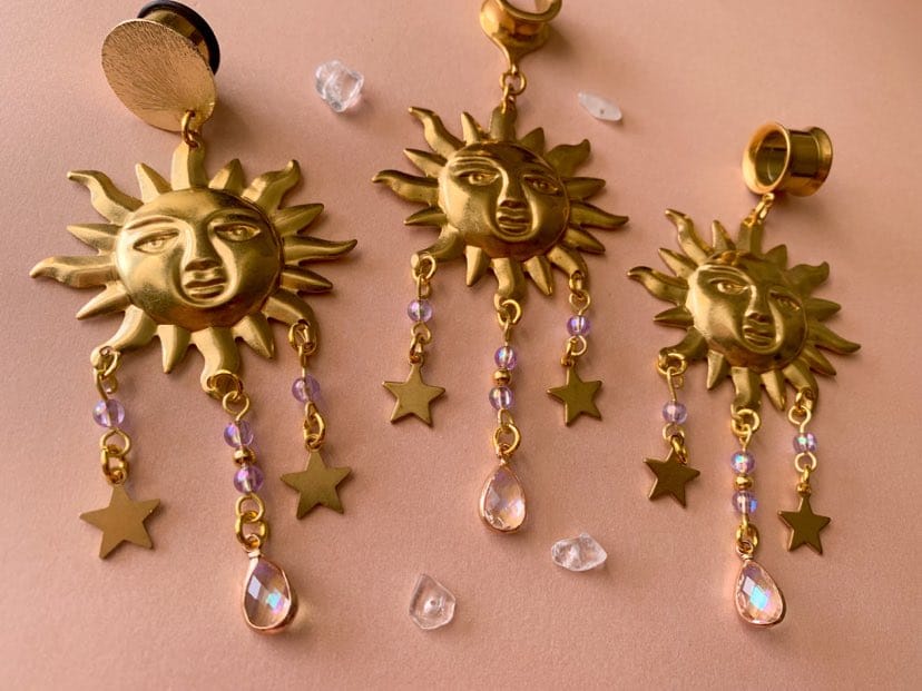 Brass Sun Earrings with Star & Gem Pendants