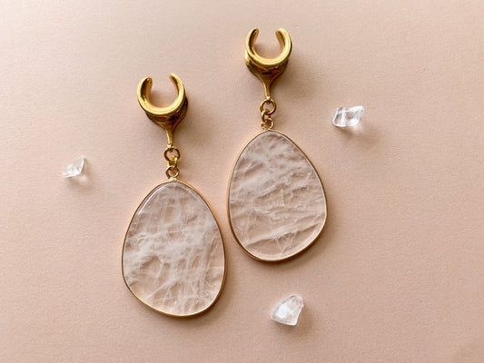 Clear Quartz Slice Earrings With Gold Trim