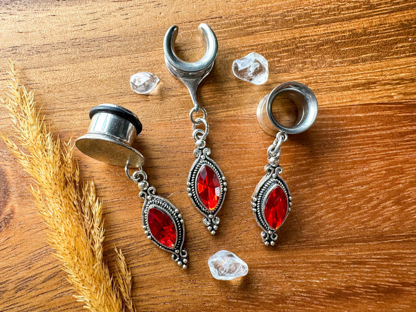 Crimson Red Antique Silver Plug Earrings