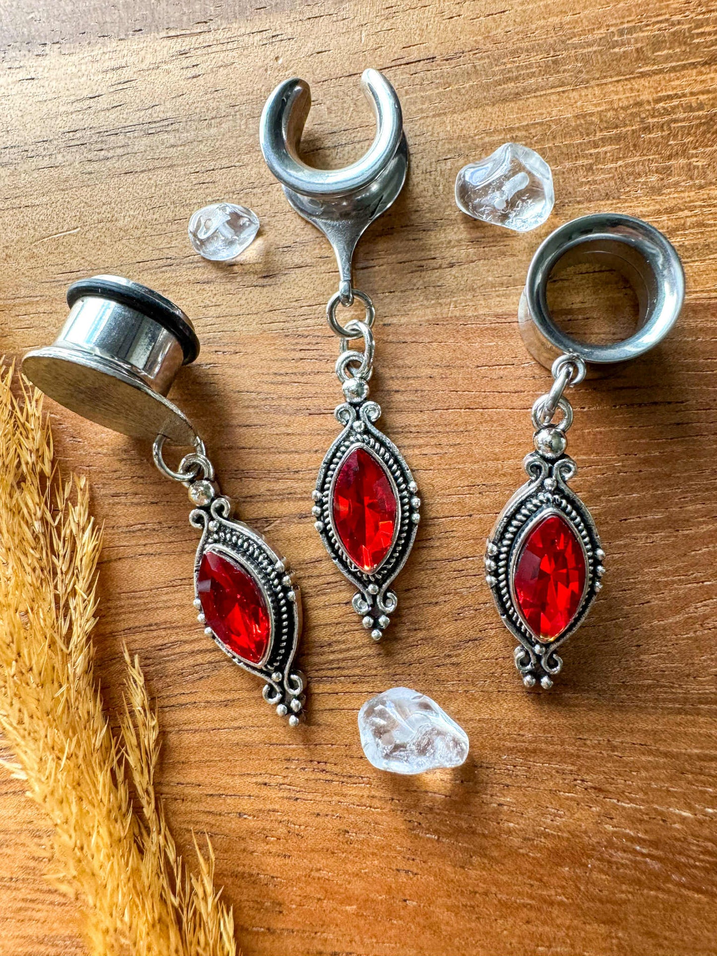 Crimson Red Antique Silver Plug Earrings