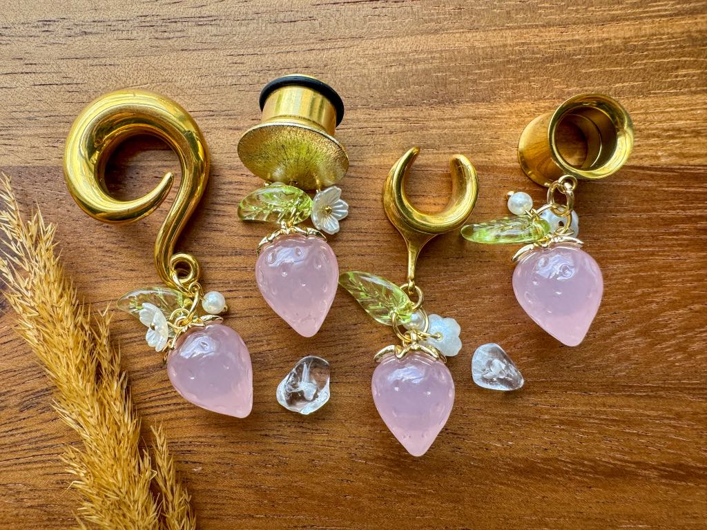 Dainty Gold & Pink Strawberries Plug Earrings