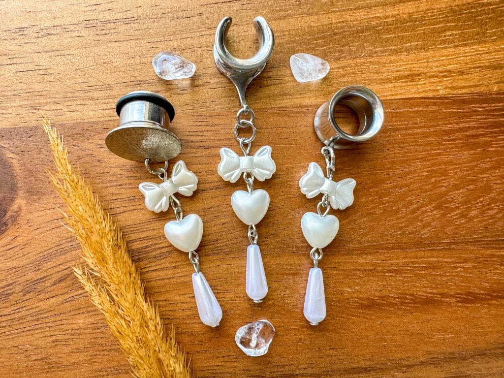Faux Pearl Bow & Hearts Plug Earrings