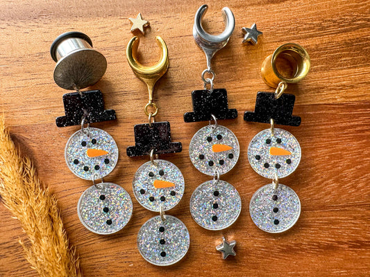 Glittery Snowman Dangles Plug Earrings