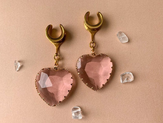 Large Pink Glass Hearts Plug Earrings