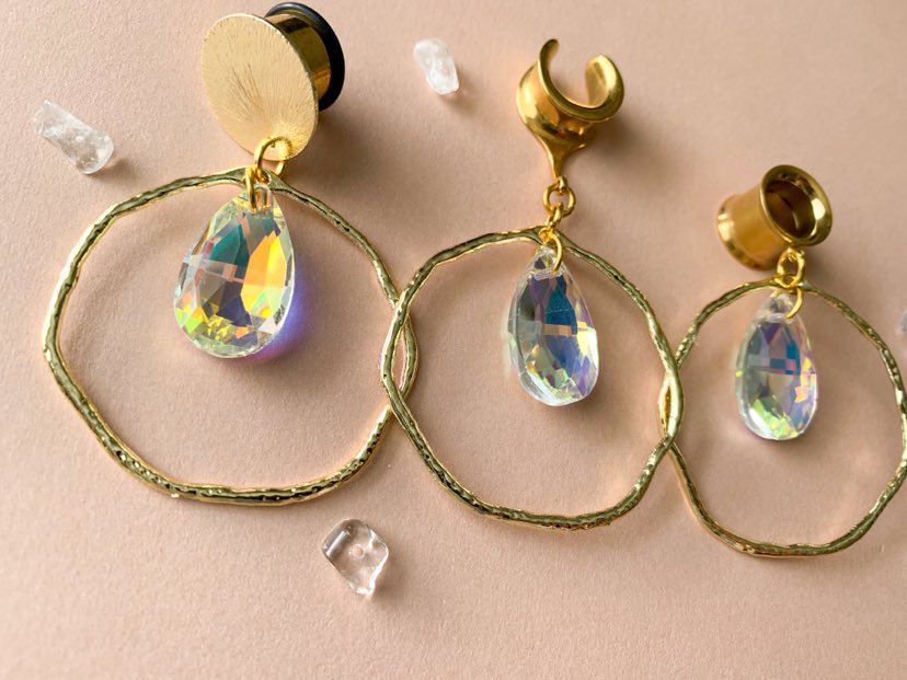 Gold Hammered Hoops With Tear Jewel Pendant