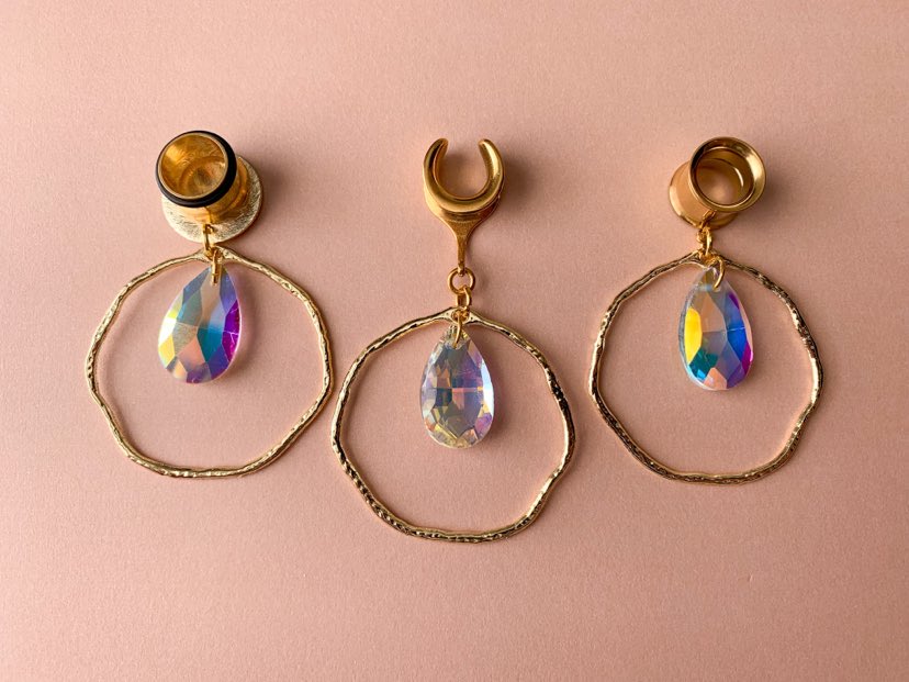 Gold Hammered Hoops With Tear Jewel Pendant