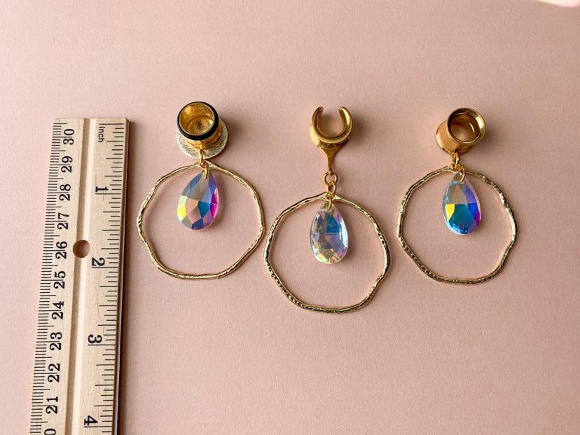 Gold Hammered Hoops With Tear Jewel Pendant