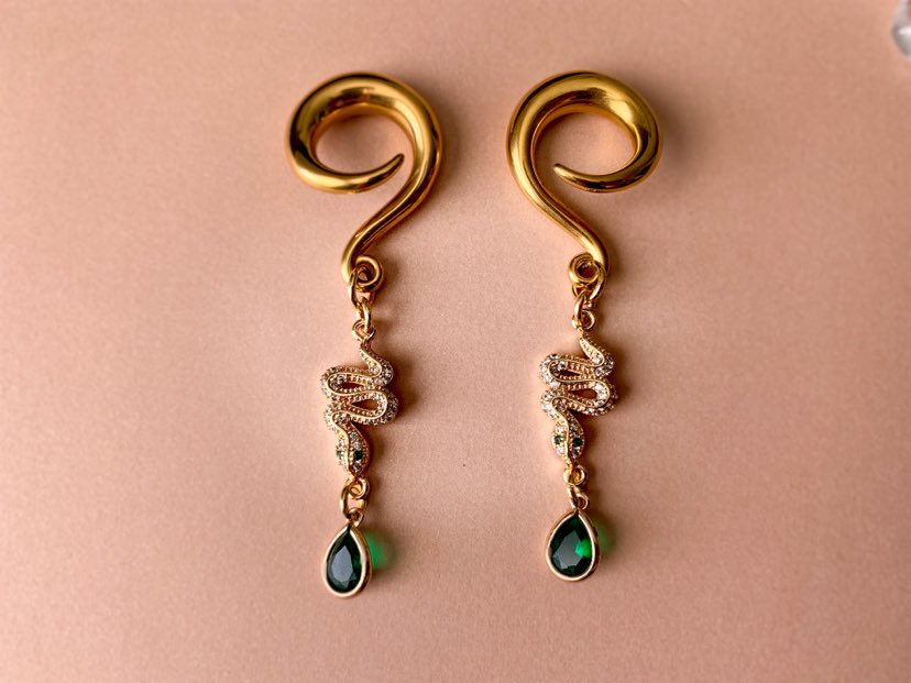 Gold Snake Charm With Zircon & Green Jewel Accents