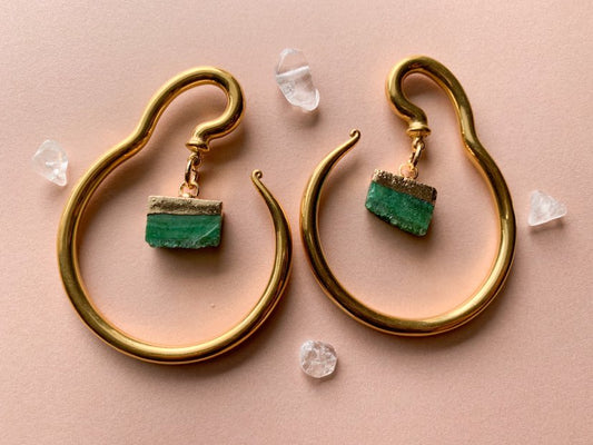 Gold Steel Hangers With Green Dyed Quartz Pendant