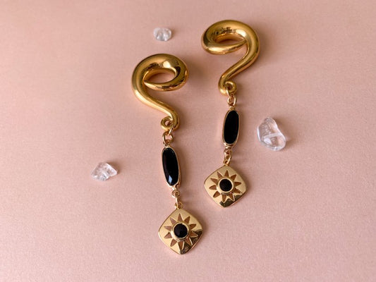 Gold Sun Dangles With Black Glass Accents