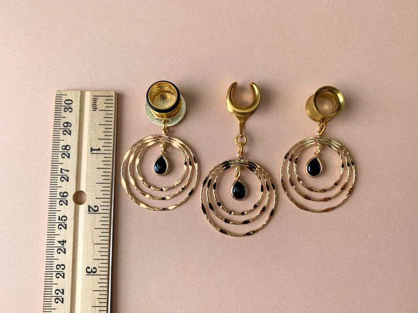 Gold Tri-Hoop With Black Glass Center Dangle