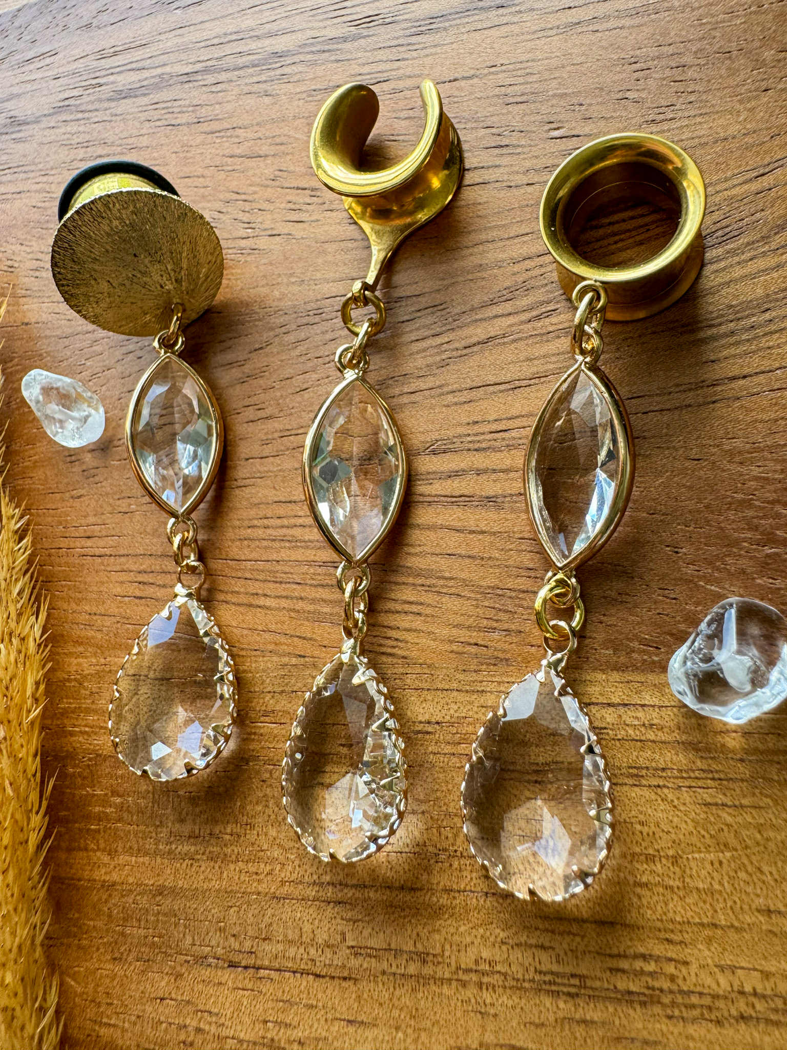 Gold Tone Glass Ear Dangles Plug Earrings