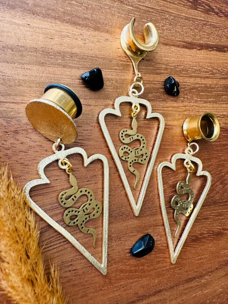 Gold Triangle Hoop With Brass Snake Pendant