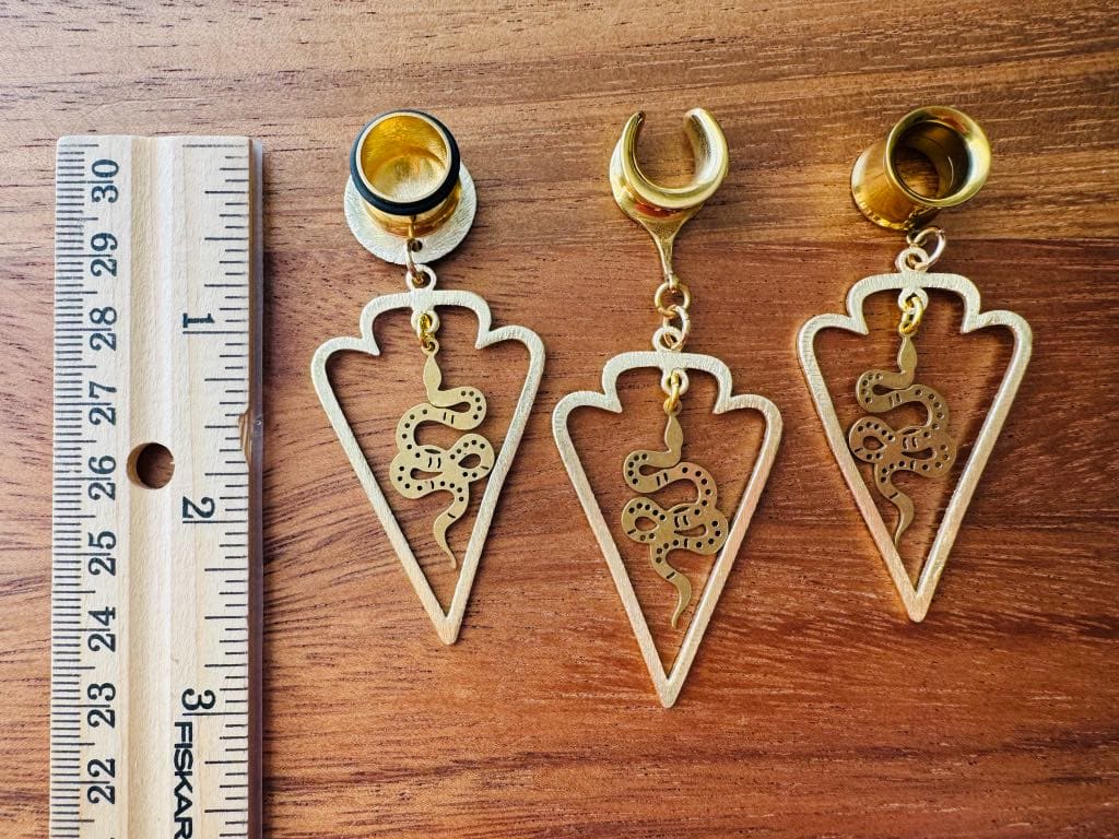 Gold Triangle Hoop With Brass Snake Pendant