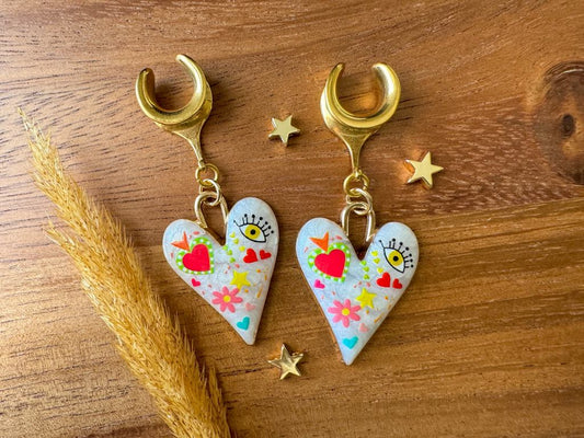 Gold & White Doodle Hearts Plug Earrings