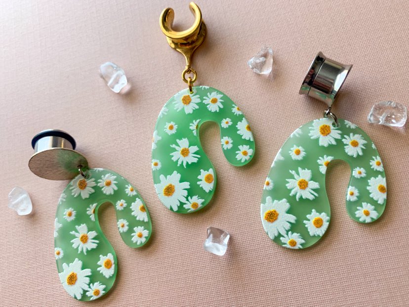 Gold or Silver Green U-Shaped Earrings With Daisy Print