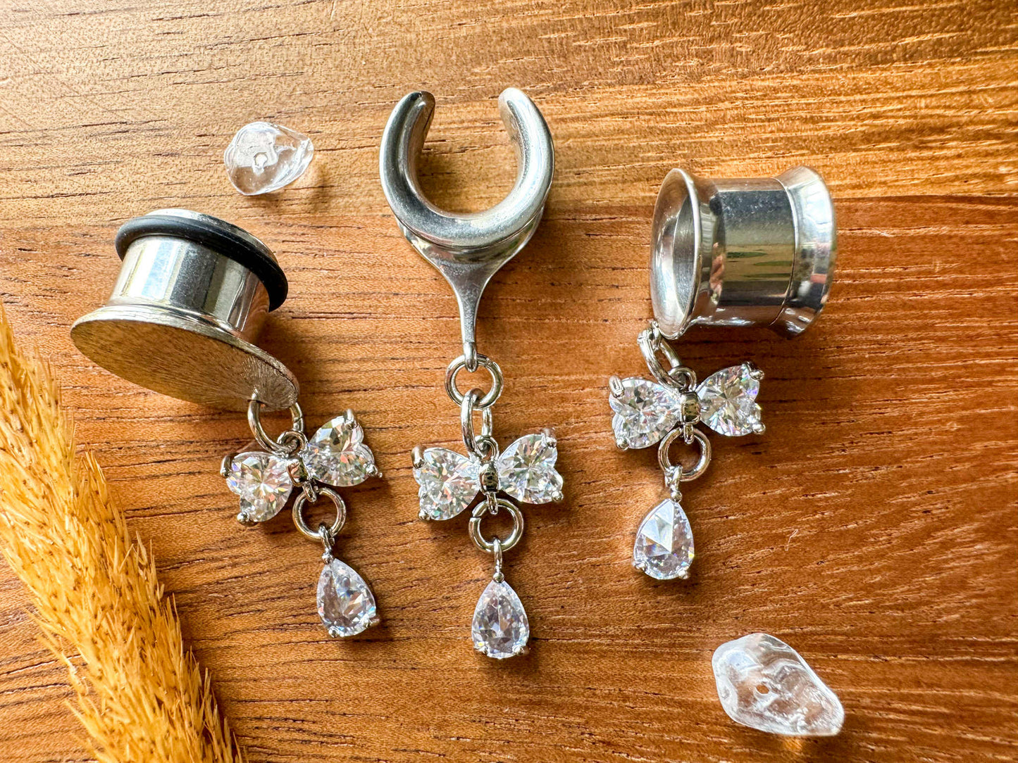 Mini Silver CZ Bows Plug Earrings