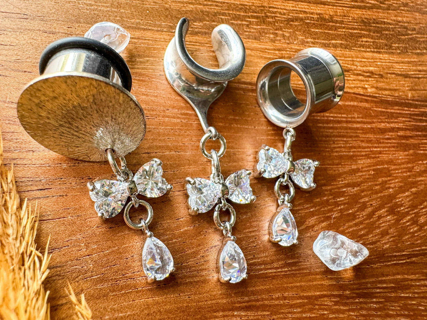 Mini Silver CZ Bows Plug Earrings