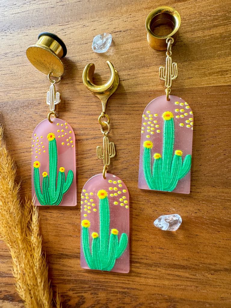 Pink Flowering Cactus & Mini 18k Gold Cactus Dangles