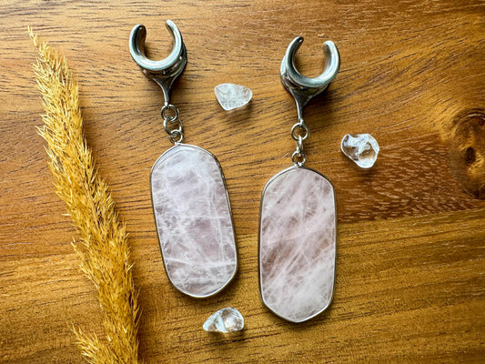 Polished Rose Quartz Dangles Plug Earrings
