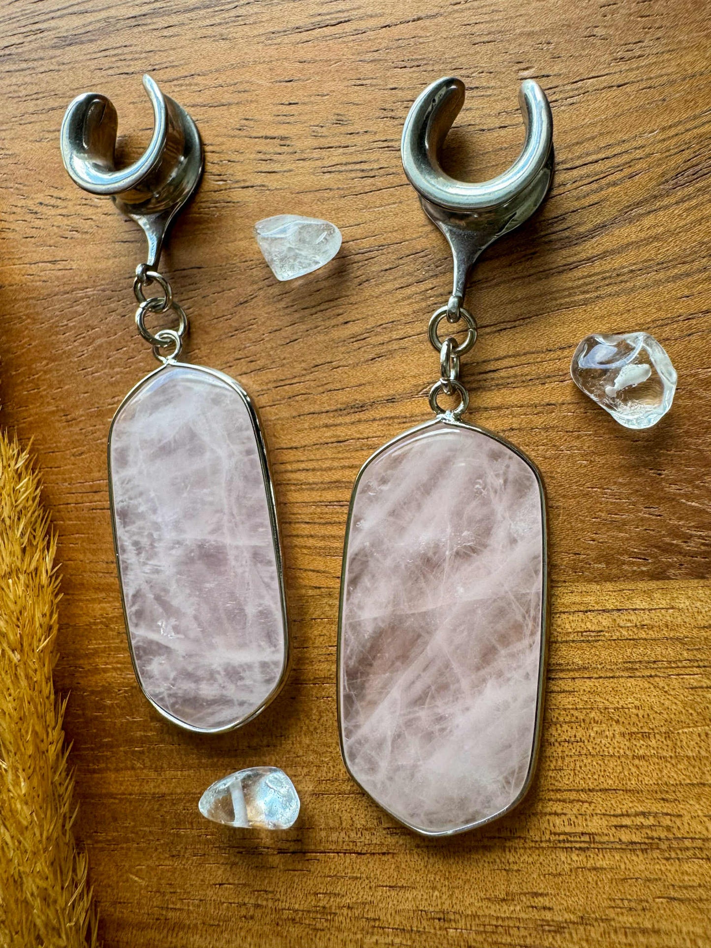 Polished Rose Quartz Dangles Plug Earrings