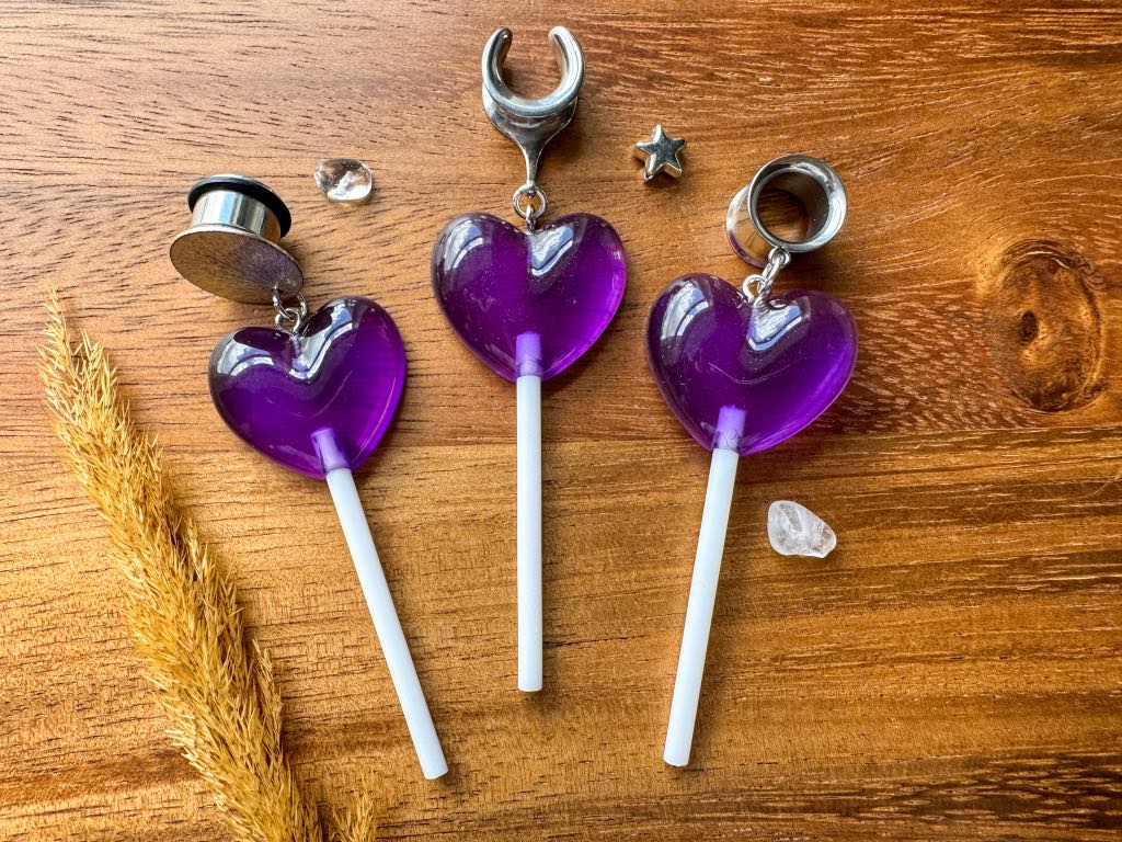 Purple Heart Lollipops Plug Earrings