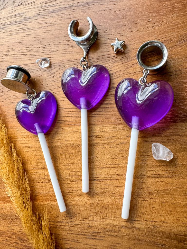 Purple Heart Lollipops Plug Earrings