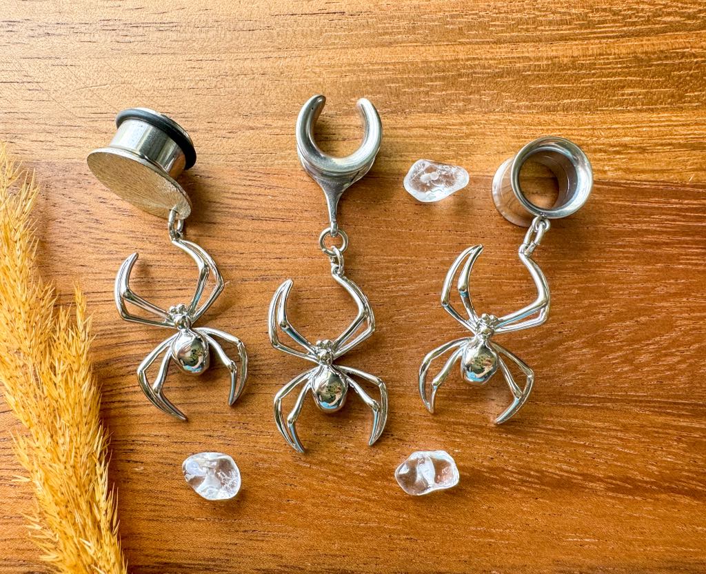 Rhodium Plated Orb Weaver Plug Earrings