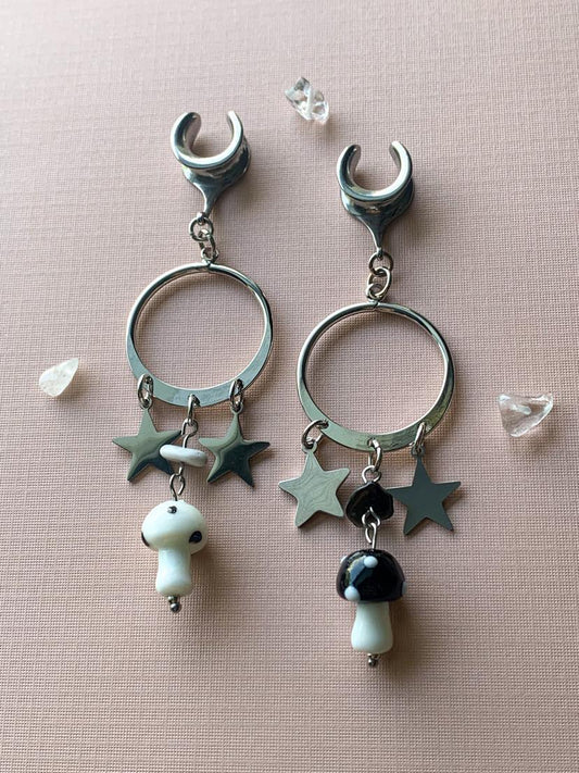 Silver Hoops With Mushroom and Star Pendants
