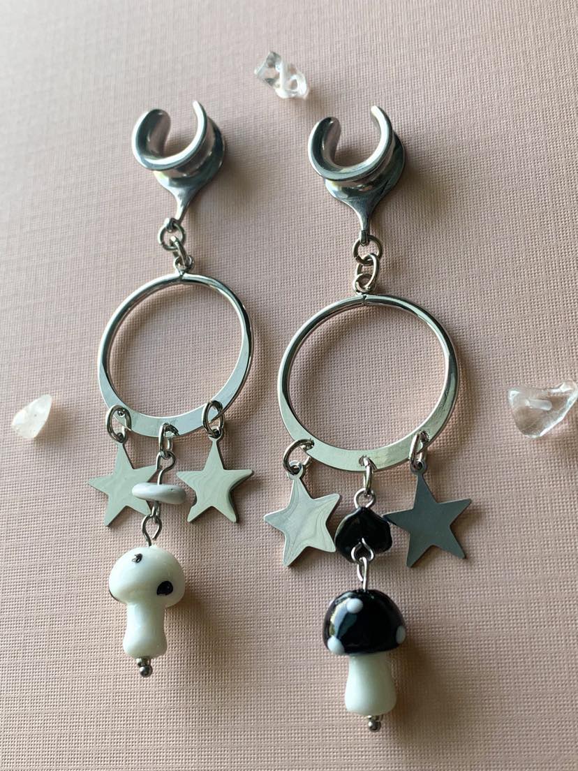 Silver Hoops With Mushroom and Star Pendants