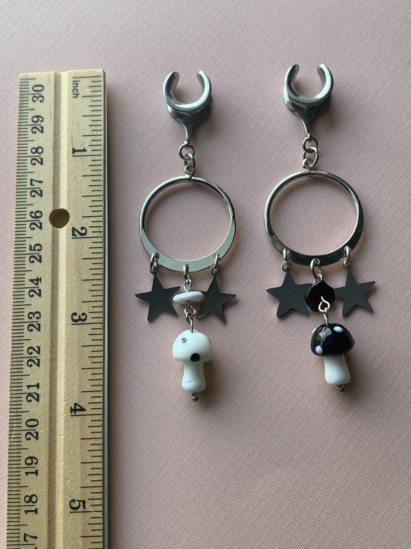Silver Hoops With Mushroom and Star Pendants