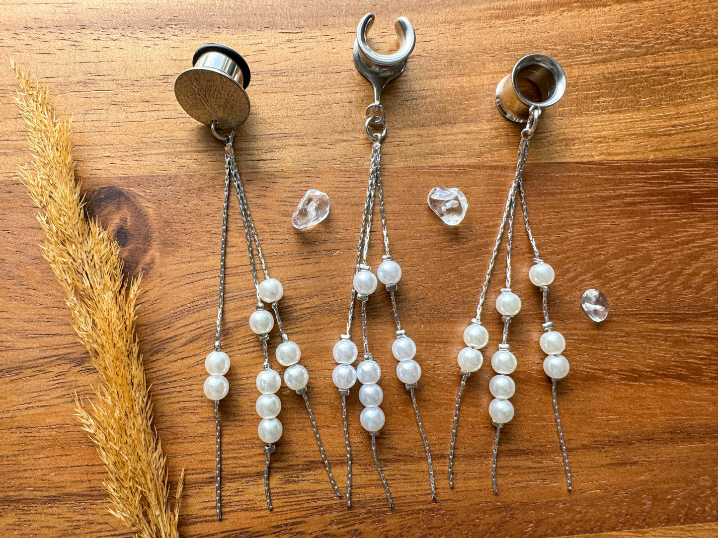 Silver Pearl Strands Plug Earrings