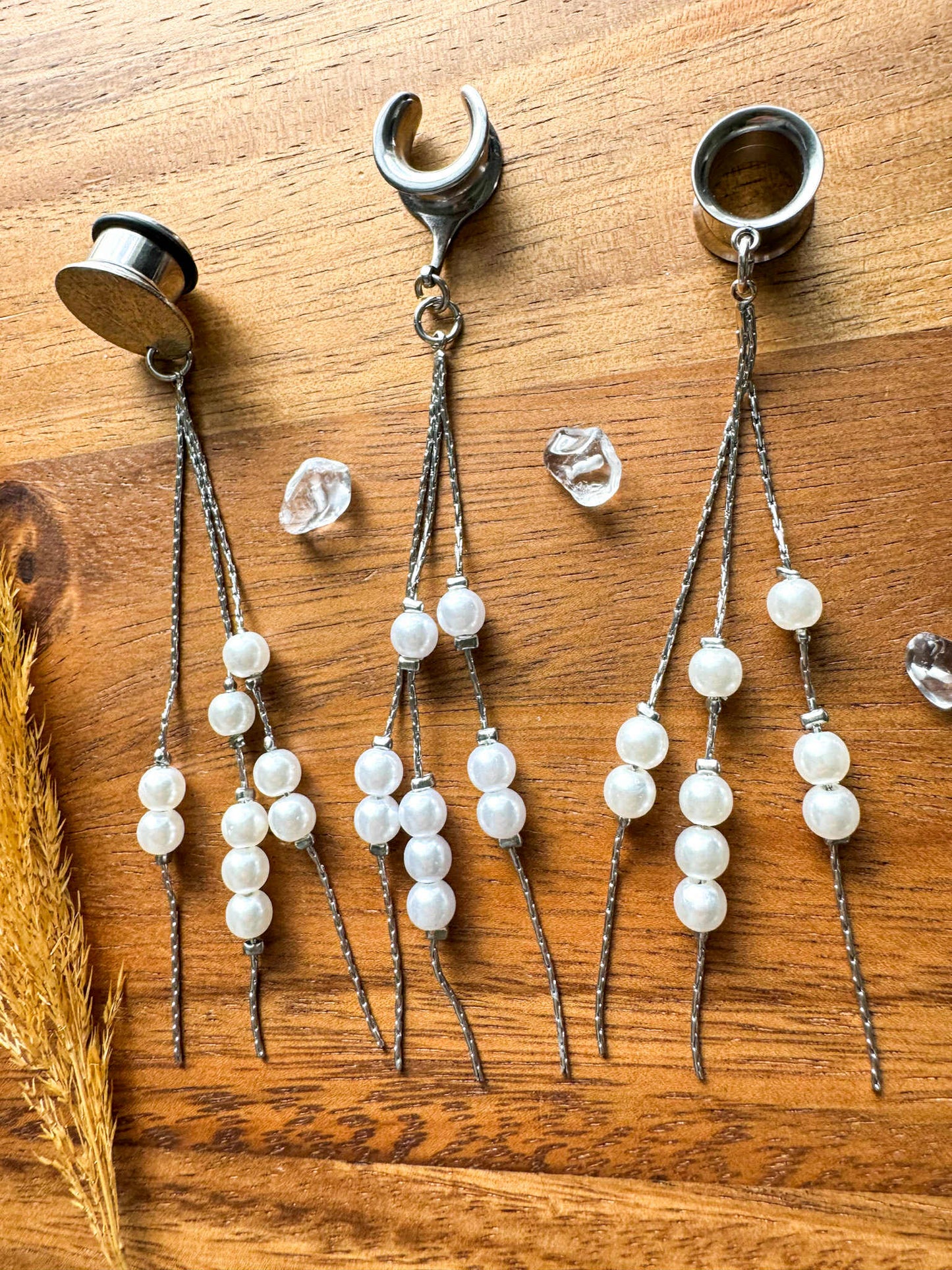 Silver Pearl Strands Plug Earrings