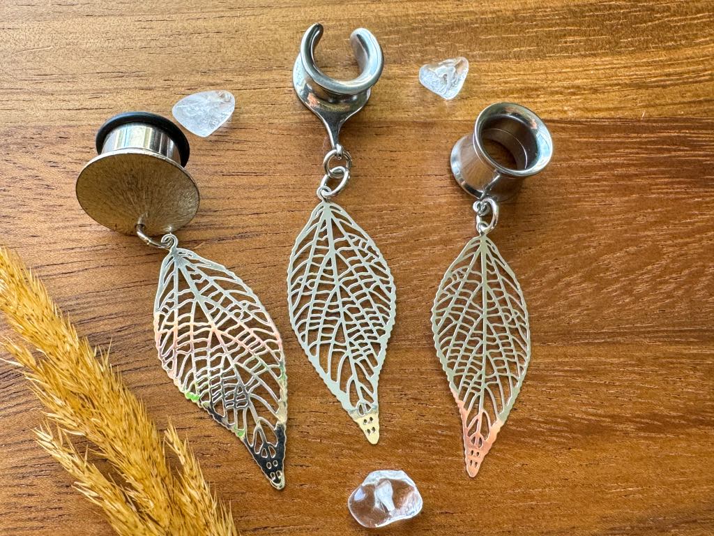 Silver Tone Leaves Plug Earrings