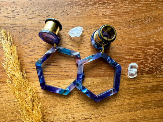 Small BlueTeal Multi-Color Hexagon Hoops Plug Earrings