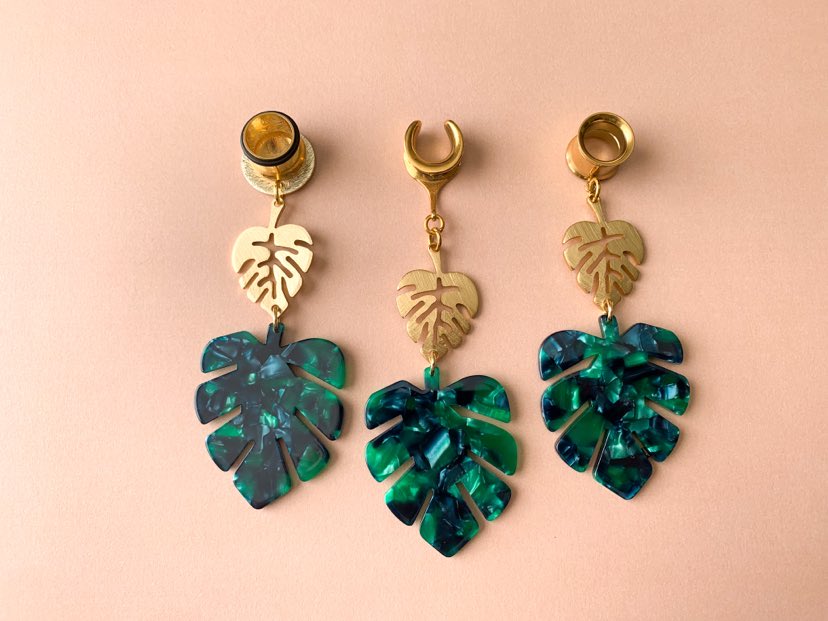 Two Tier Gold & Green Monstera Earrings