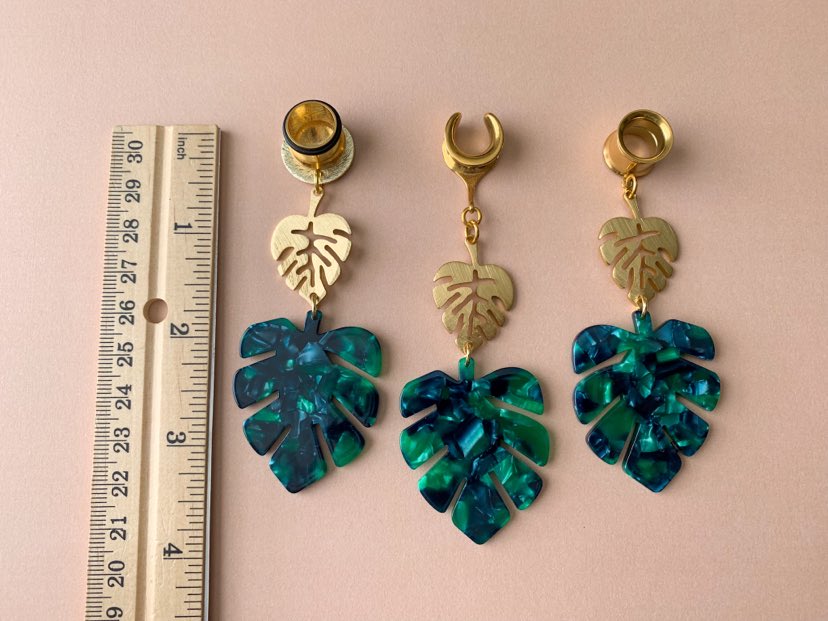 Two Tier Gold & Green Monstera Earrings