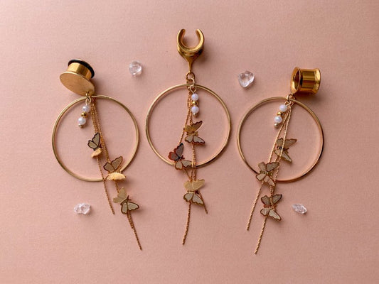 18k Gold Hoops With Butterfly Strands