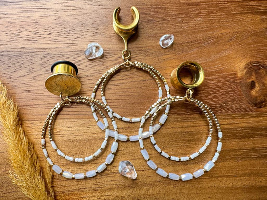 White & Gold Beaded Hoops Plug Earrings