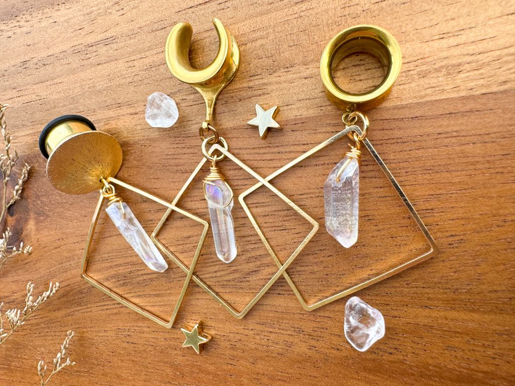 Gold Square With Faux Aura Quartz Dangle