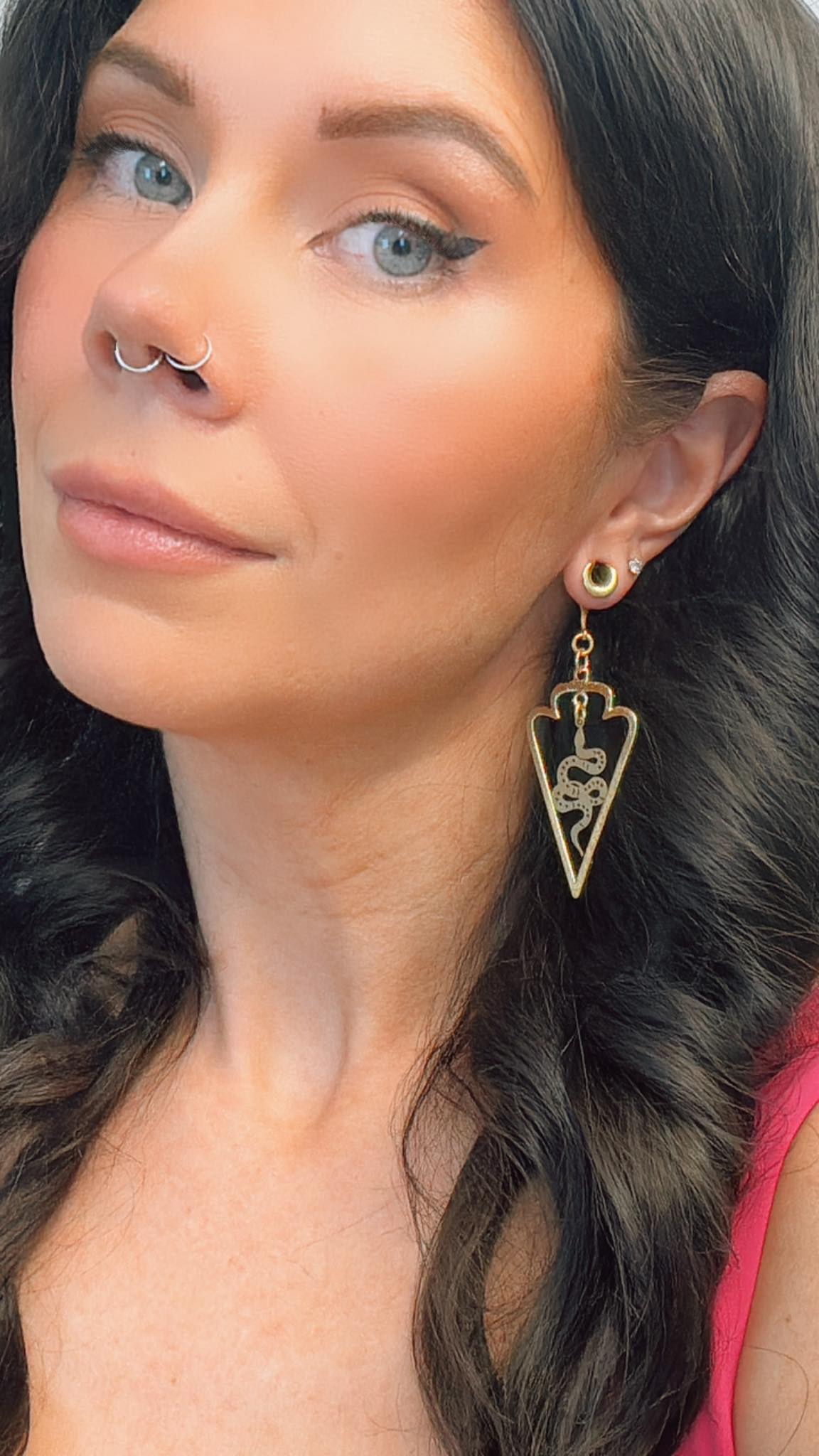 Gold Triangle Hoop With Brass Snake Pendant