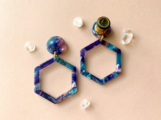 Small Blue/Teal Multi-Color Hexagon Hoops