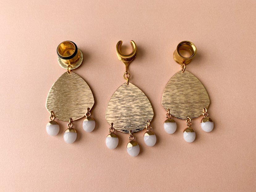 Brushed Gold Dangles With White Jade Drops